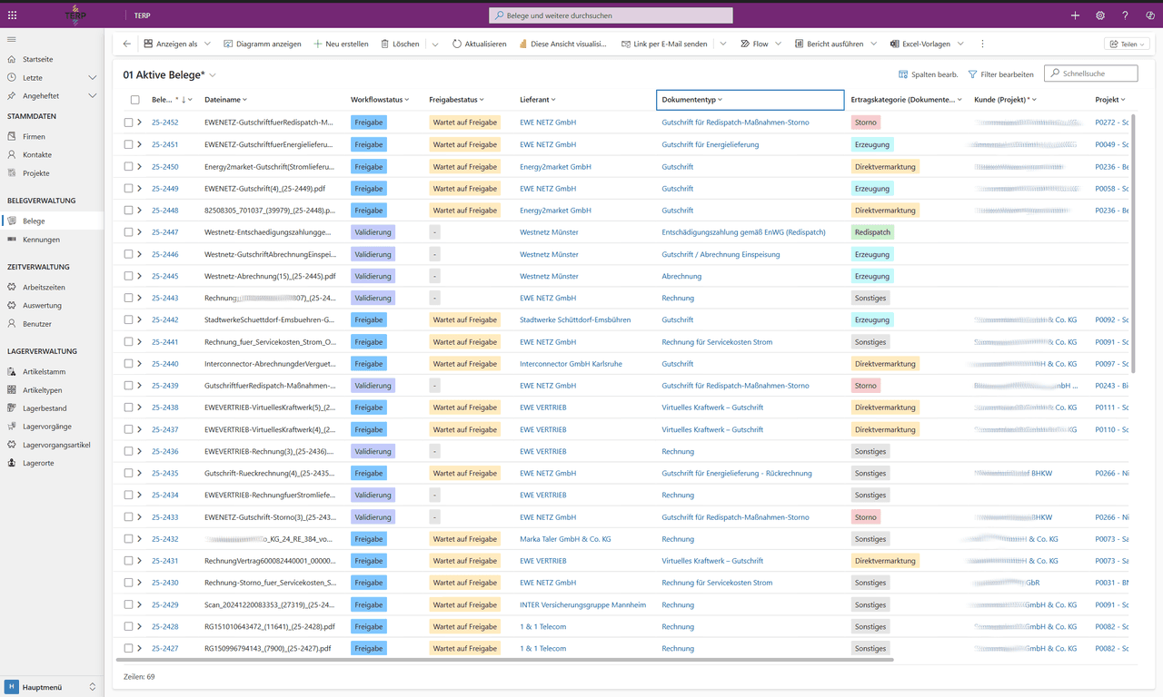 Belegübersicht in der Dataverse-App - zentrale Sicht auf alle eingehenden Dokumente